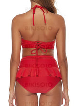 Charger l&#39;image dans la galerie, Couleur Unie Taille Haute Dos Nu V-Neck Sexy Bikini Maillots De Bain Bikinis