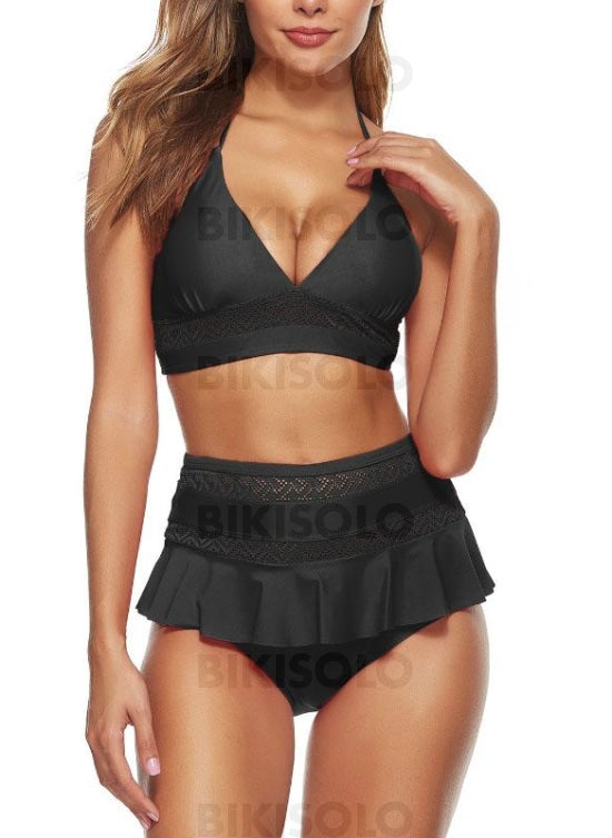 Couleur Unie Taille Haute Dos Nu V-Neck Sexy Bikini Maillots De Bain Noir / S Bikinis