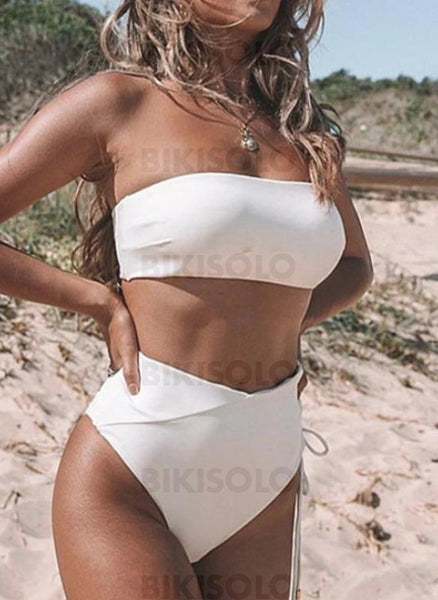 Couleur Unie Taille Haute Sans Bretelle Sexy Bikinis Maillots De Bain Blanc / S