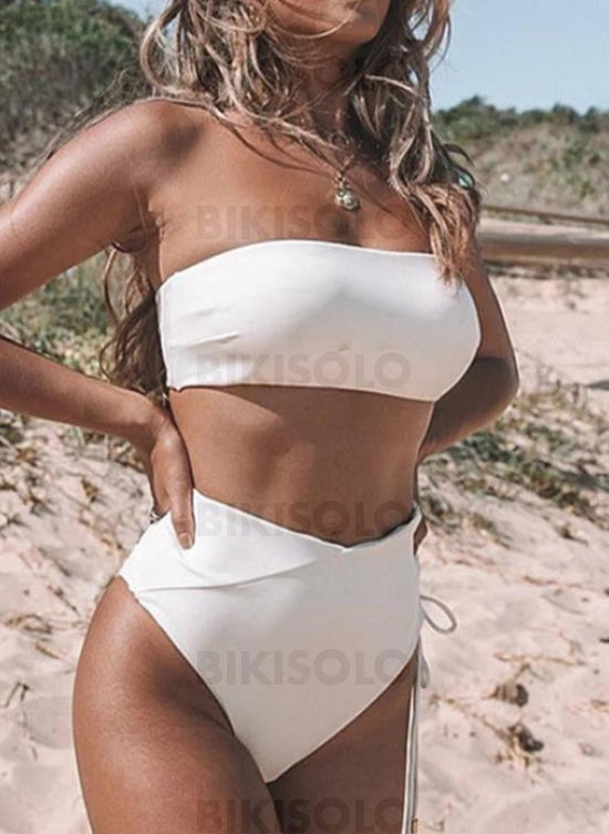 Couleur Unie Taille Haute Sans Bretelle Sexy Bikinis Maillots De Bain Blanc / S
