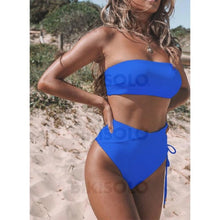 Charger l&#39;image dans la galerie, Couleur Unie Taille Haute Sans Bretelle Sexy Bikinis Maillots De Bain Bleu / S