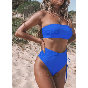 Couleur Unie Taille Haute Sans Bretelle Sexy Bikinis Maillots De Bain Bleu / S