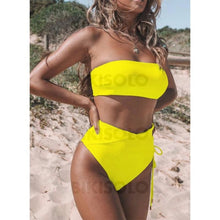 Charger l&#39;image dans la galerie, Couleur Unie Taille Haute Sans Bretelle Sexy Bikinis Maillots De Bain Jaune / S