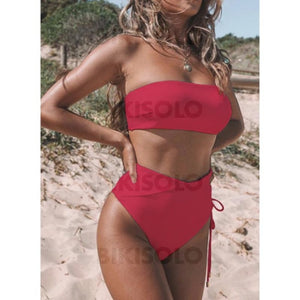 Couleur Unie Taille Haute Sans Bretelle Sexy Bikinis Maillots De Bain Rouge / S