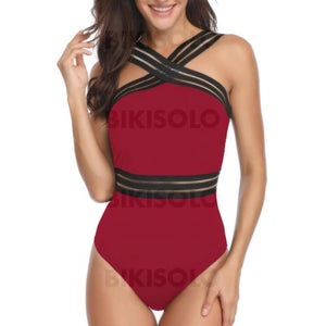 Couleur Unie Traverser Col V Haut Élégante À La Mode Une Pièce Maillots De Bain Bordeaux / S