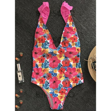 Charger l&#39;image dans la galerie, Coupe Haute Imprimé Tropical Néon À Bretelles Sexy Une Pièce Maillots De Bain