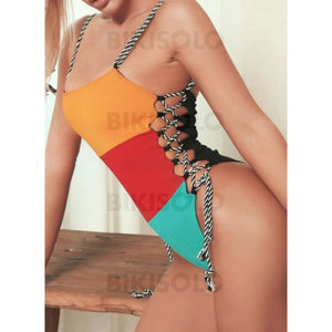 Épissage Couleur Cordon De Serrage À Bretelles Sexy Sports Une Pièce Maillots De Bain Piece