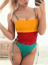 Charger l&#39;image dans la galerie, Épissage Couleur Cordon De Serrage À Bretelles Sexy Sports Une Pièce Maillots De Bain Piece