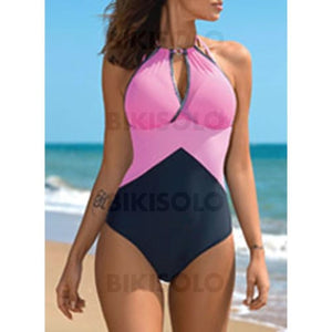 Épissage Couleur Dos Nu Élégante Une Pièce Maillots De Bain Rosado / S