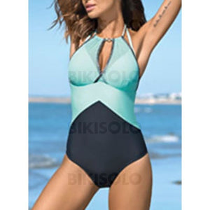 Épissage Couleur Dos Nu Élégante Une Pièce Maillots De Bain Vert Clair / S