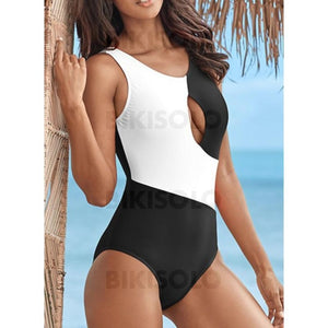 Épissage Couleur Évider À Bretelles Col Rond Élégante Une Pièce Maillots De Bain