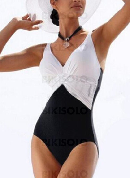 Épissage Couleur Néon Col V À La Mode Grande Taille Une Pièce Maillots De Bain Blanc / M