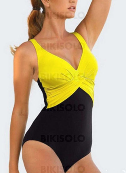 Épissage Couleur Néon Col V À La Mode Grande Taille Une Pièce Maillots De Bain Jaune / M