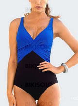Charger l&#39;image dans la galerie, Épissage Couleur Néon Col V À La Mode Grande Taille Une Pièce Maillots De Bain Lac Bleu / M