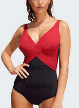 Charger l&#39;image dans la galerie, Épissage Couleur Néon Col V À La Mode Grande Taille Une Pièce Maillots De Bain Rouge / M