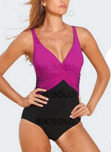Épissage Couleur Néon Col V À La Mode Grande Taille Une Pièce Maillots De Bain