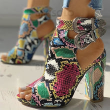 Charger l'image dans la galerie, Femmes Pu Talon Bottier Sandales À Bout Ouvert Avec Boucle La Copie Animale Chaussures