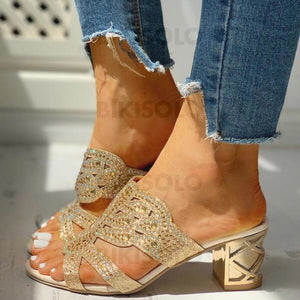 Femmes Pu Talon Bottier Sandales À Bout Ouvert Chaussons Avec Strass Ouvertes Chaussures