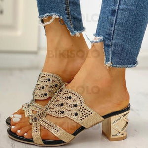 Femmes Pu Talon Bottier Sandales À Bout Ouvert Chaussons Avec Strass Ouvertes Chaussures