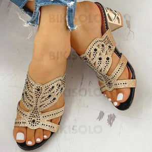 Femmes Pu Talon Bottier Sandales À Bout Ouvert Chaussons Avec Strass Ouvertes Chaussures