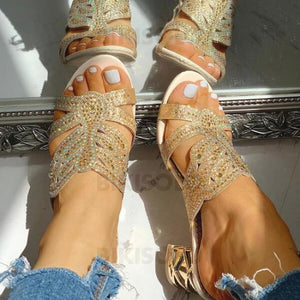 Femmes Pu Talon Bottier Sandales À Bout Ouvert Chaussons Avec Strass Ouvertes Chaussures