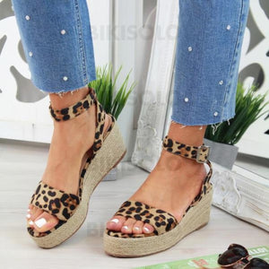 Femmes Pu Talon Compensé Sandales À Bout Ouvert Avec Boucle La Copie Animale Chaussures