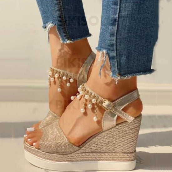 Femmes Pu Talon Compensé Sandales À Bout Ouvert Avec Strass Chaussures