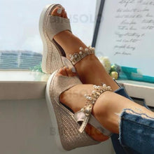 Charger l&#39;image dans la galerie, Femmes Pu Talon Compensé Sandales À Bout Ouvert Avec Strass Chaussures