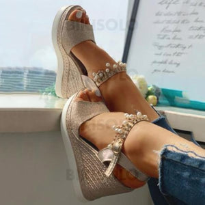 Femmes Pu Talon Compensé Sandales À Bout Ouvert Avec Strass Chaussures