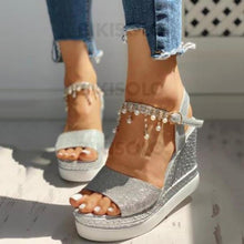 Charger l&#39;image dans la galerie, Femmes Pu Talon Compensé Sandales À Bout Ouvert Avec Strass Chaussures