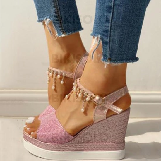 Femmes Pu Talon Compensé Sandales À Bout Ouvert Avec Strass Chaussures