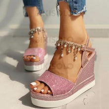 Charger l&#39;image dans la galerie, Femmes Pu Talon Compensé Sandales À Bout Ouvert Avec Strass Chaussures