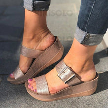 Charger l'image dans la galerie, Femmes Pu Talon Compensé Sandales À Bout Ouvert Chaussons Avec Boucle Chaussures