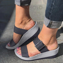 Charger l'image dans la galerie, Femmes Pu Talon Compensé Sandales À Bout Ouvert Chaussons Avec Boucle Chaussures