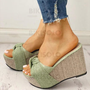 Femmes Pu Talon Compensé Sandales À Bout Ouvert Chaussons Avec Bowknot Chaussures