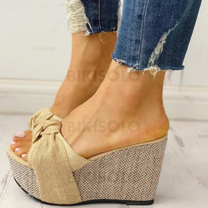 Femmes Pu Talon Compensé Sandales À Bout Ouvert Chaussons Avec Bowknot Chaussures