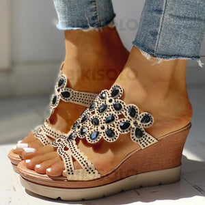 Femmes Pu Talon Compensé Sandales À Bout Ouvert Chaussons Avec Strass Chaussures