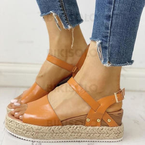 Femmes Pu Talon Compensé Sandales Compensée À Bout Ouvert Avec Boucle Chaussures