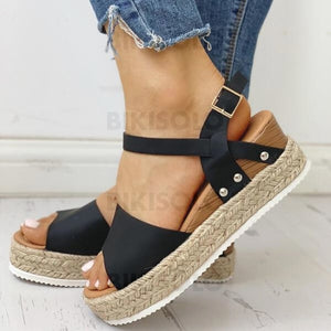 Femmes Pu Talon Compensé Sandales Compensée À Bout Ouvert Avec Boucle Chaussures