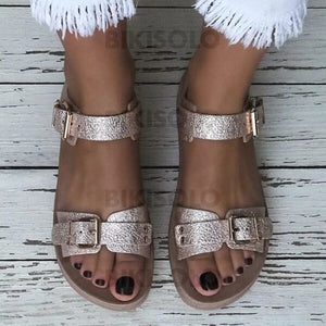 Femmes Pu Talon Plat Sandales À Bout Ouvert Avec Boucle Chaussures