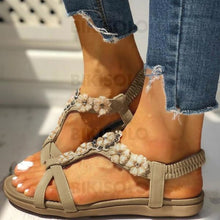 Charger l&#39;image dans la galerie, Femmes Pu Talon Plat Sandales À Bout Ouvert Avec Strass Une Fleur Chaussures