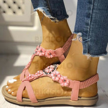 Charger l&#39;image dans la galerie, Femmes Pu Talon Plat Sandales À Bout Ouvert Avec Strass Une Fleur Chaussures