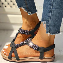 Charger l&#39;image dans la galerie, Femmes Pu Talon Plat Sandales À Bout Ouvert Avec Strass Une Fleur Chaussures