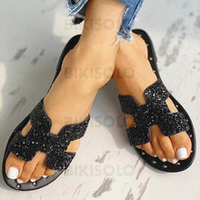 Charger l&#39;image dans la galerie, Femmes Pu Talon Plat Sandales À Bout Ouvert Chaussons Avec Paillette Rivet Chaussures