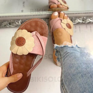 Femmes Pu Talon Plat Sandales Chaussons Avec Une Fleur Chaussures