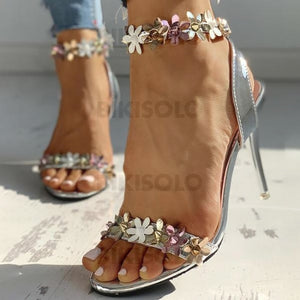 Femmes Pu Talon Stiletto Sandales À Bout Ouvert Avec Boucle Une Fleur Chaussures