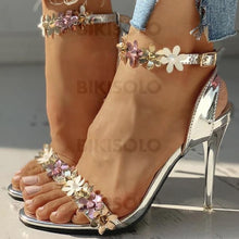 Charger l&#39;image dans la galerie, Femmes Pu Talon Stiletto Sandales À Bout Ouvert Avec Boucle Une Fleur Chaussures