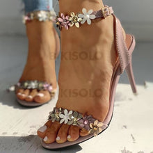 Charger l&#39;image dans la galerie, Femmes Pu Talon Stiletto Sandales À Bout Ouvert Avec Boucle Une Fleur Chaussures