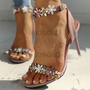 Femmes Pu Talon Stiletto Sandales À Bout Ouvert Avec Boucle Une Fleur Chaussures