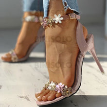 Charger l&#39;image dans la galerie, Femmes Pu Talon Stiletto Sandales À Bout Ouvert Avec Boucle Une Fleur Chaussures
